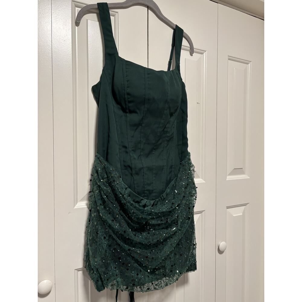 Dark Green Sequin Draped Mini Dress Size 10 - Picture 3 of 7